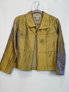 Carlisle Iridescent Linen Blazer Sz 2‎ Embroidered Floral Crop Jacket